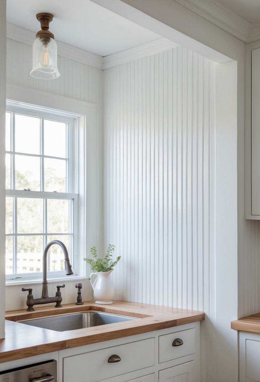 Bright kitchen with white beaded board paneling on the walls and wooden countertops.