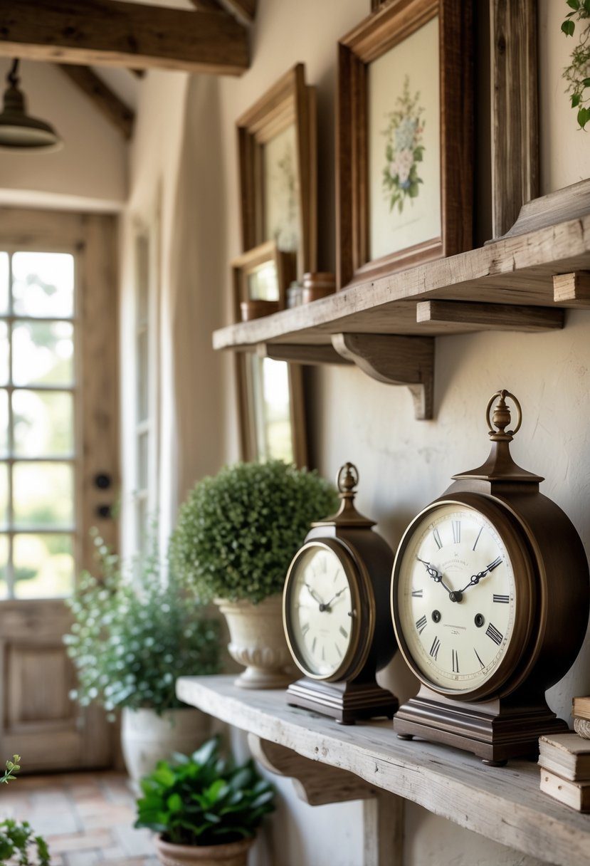 A cozy room displaying vintage clocks and framed art arranged on wooden shelves and walls with natural light.
