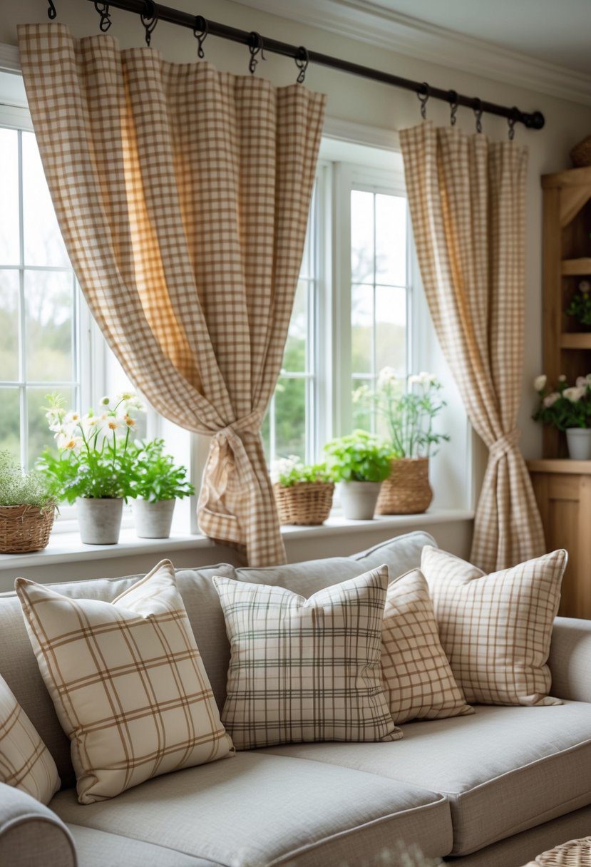 A cozy room with plaid and gingham cushions on a sofa and matching curtains by a window, featuring wooden furniture and plants.