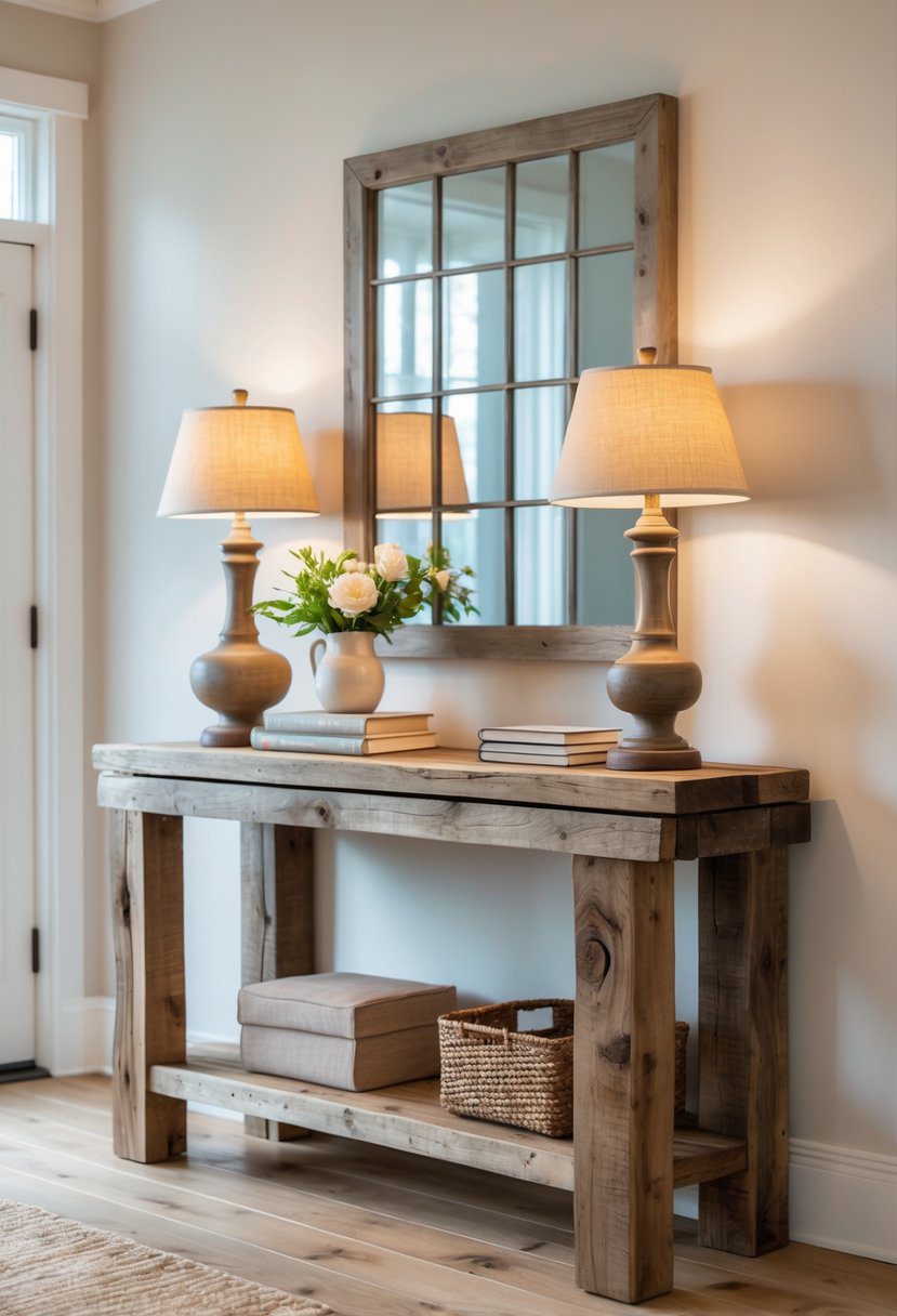 Foyer with a wooden console table holding a vase with flowers, books, and a lamp, illuminated by natural light.