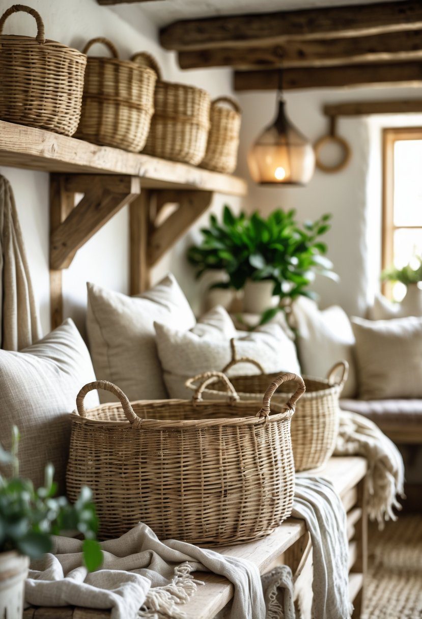 A cozy cottage interior with wicker baskets on wooden shelves and linen fabrics on rustic furniture, surrounded by plants and wooden decor.