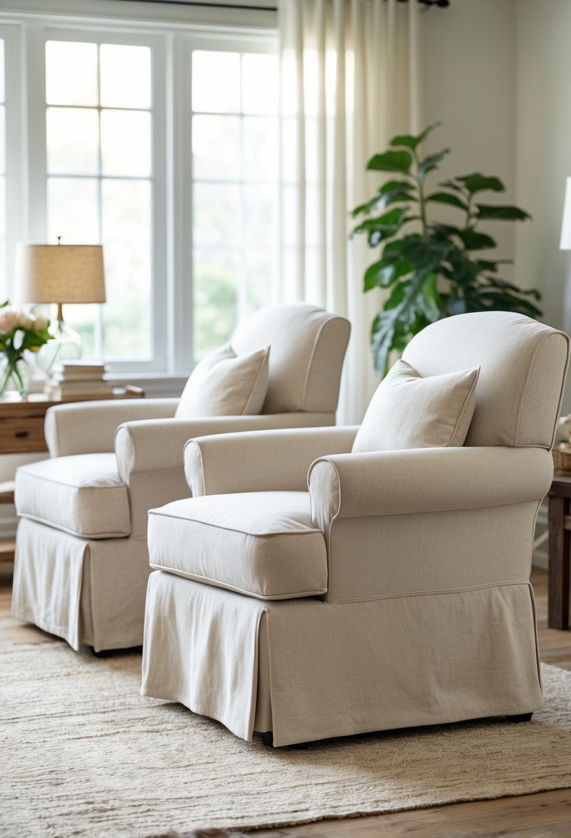 Two slipcovered armchairs in a bright living room with natural light and a small side table.