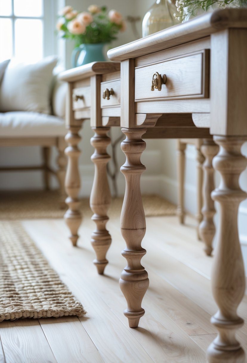Close-up of wooden furniture legs with detailed spindle design in a bright room with natural light and decorative accents.
