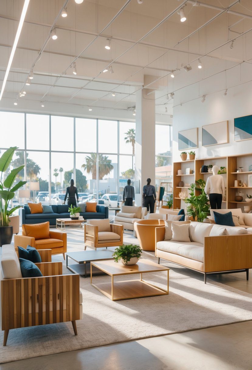 Interior of a modern furniture store with sofas, chairs, tables, and customers browsing in a bright and spacious setting.