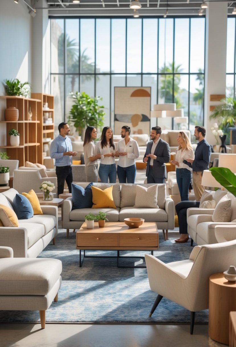 A modern furniture showroom with sofas, chairs, and tables, showing customers and salespeople interacting.