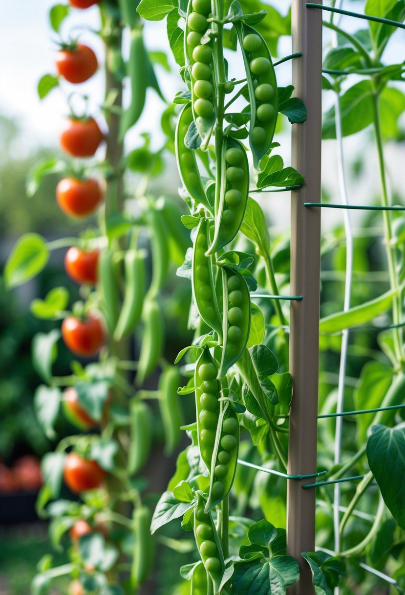 A vertical garden with green pea plants growing on a trellis, showing fresh pea pods and lush leaves.
