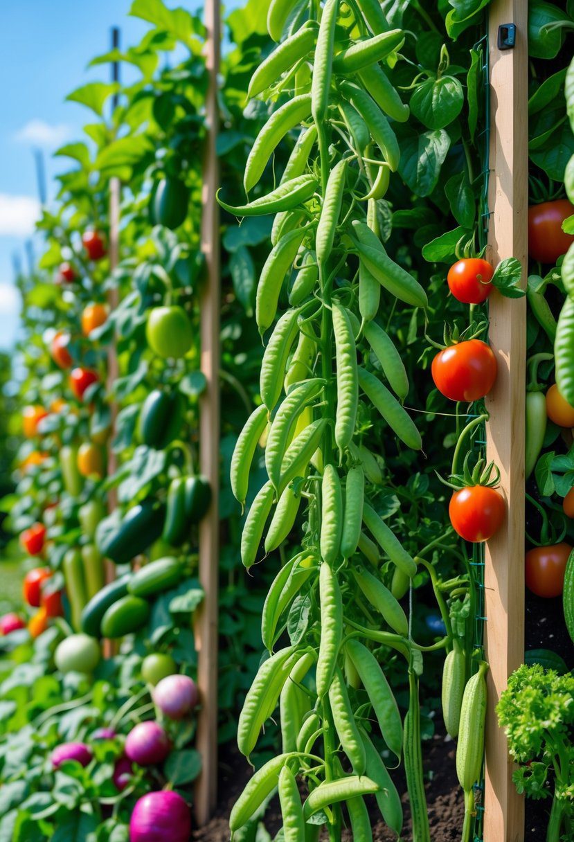 A vertical garden with pole beans and eleven other types of vegetables growing on trellises in a sunny outdoor setting.