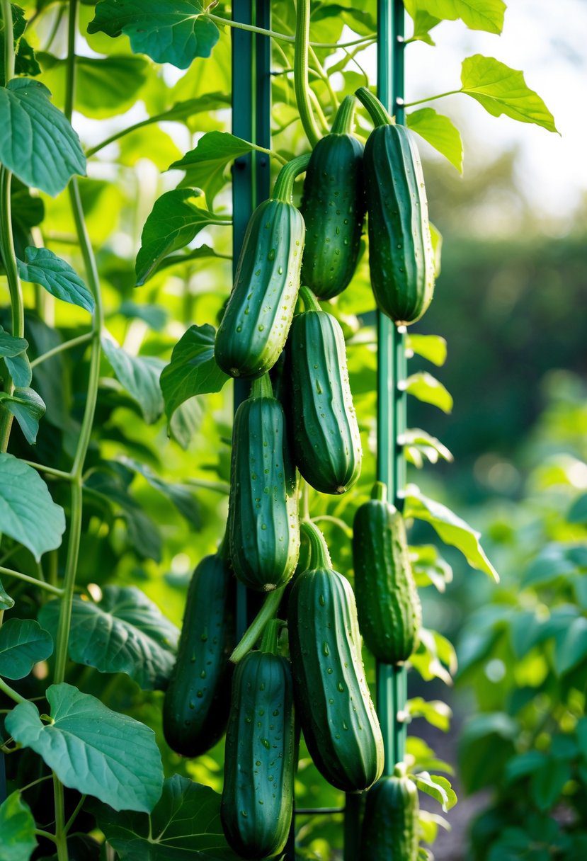 Fresh cucumbers growing on a vertical trellis in a garden with green leaves.