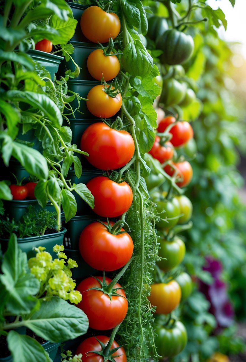 A vertical garden with twelve types of vegetables including ripe red tomatoes growing in organized tiers.