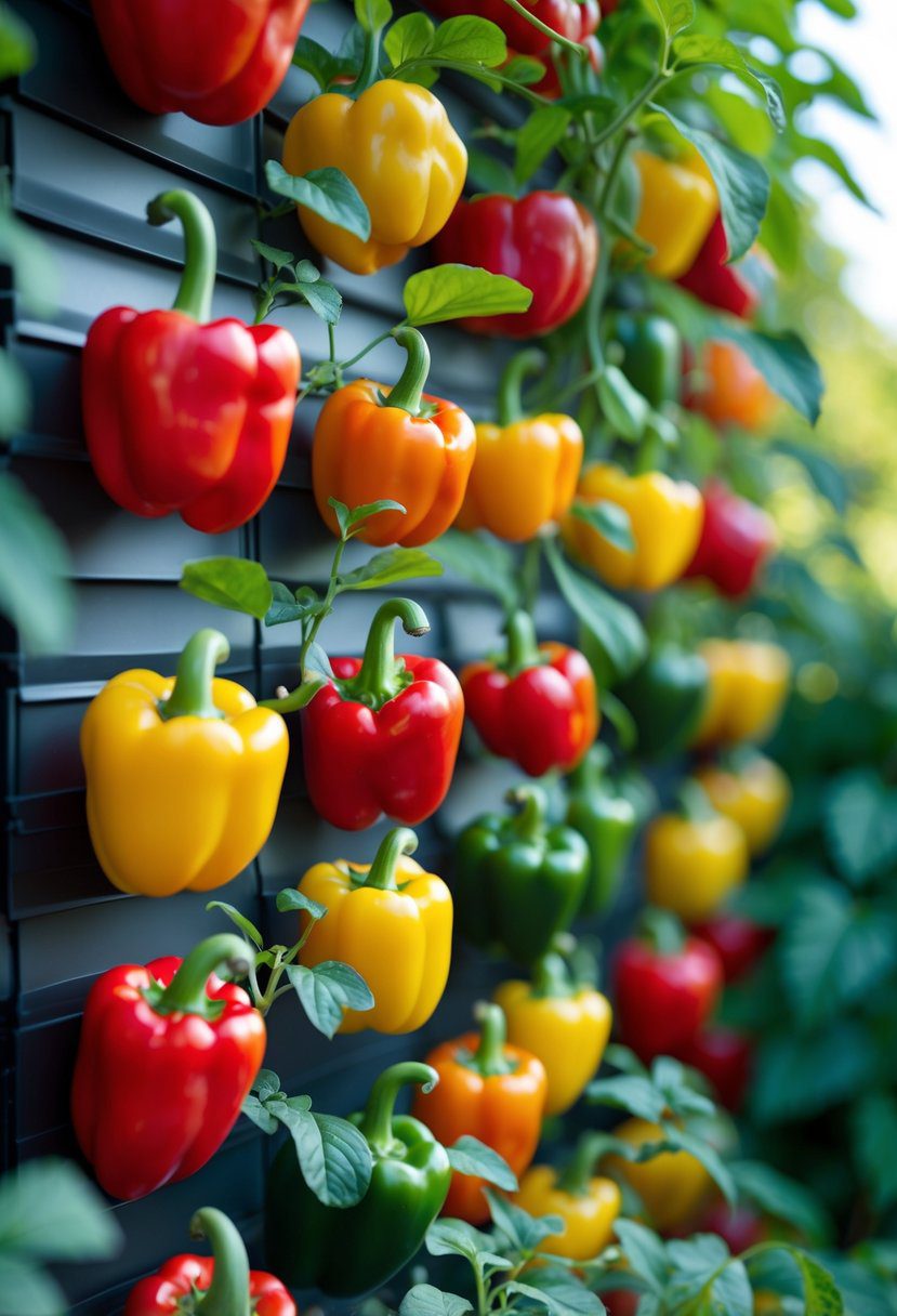 A vertical garden filled with ripe red, yellow, and green bell peppers growing on healthy plants.