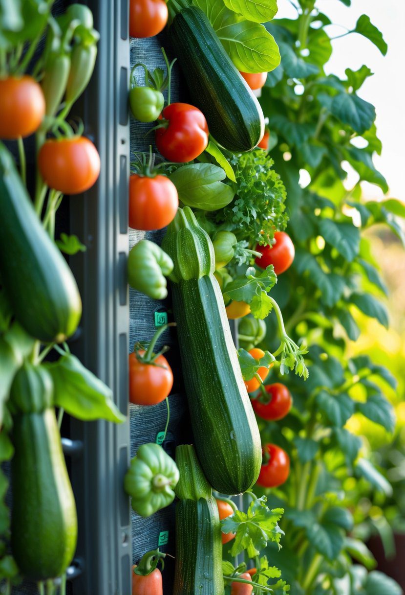 A vertical garden with zucchini and eleven other vegetables growing on a trellis, showing healthy green plants and ripe produce.