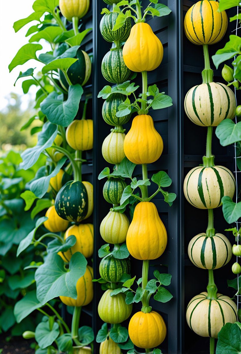 A vertical garden displaying 12 different types of squash plants growing on trellises with green leaves and fruits.