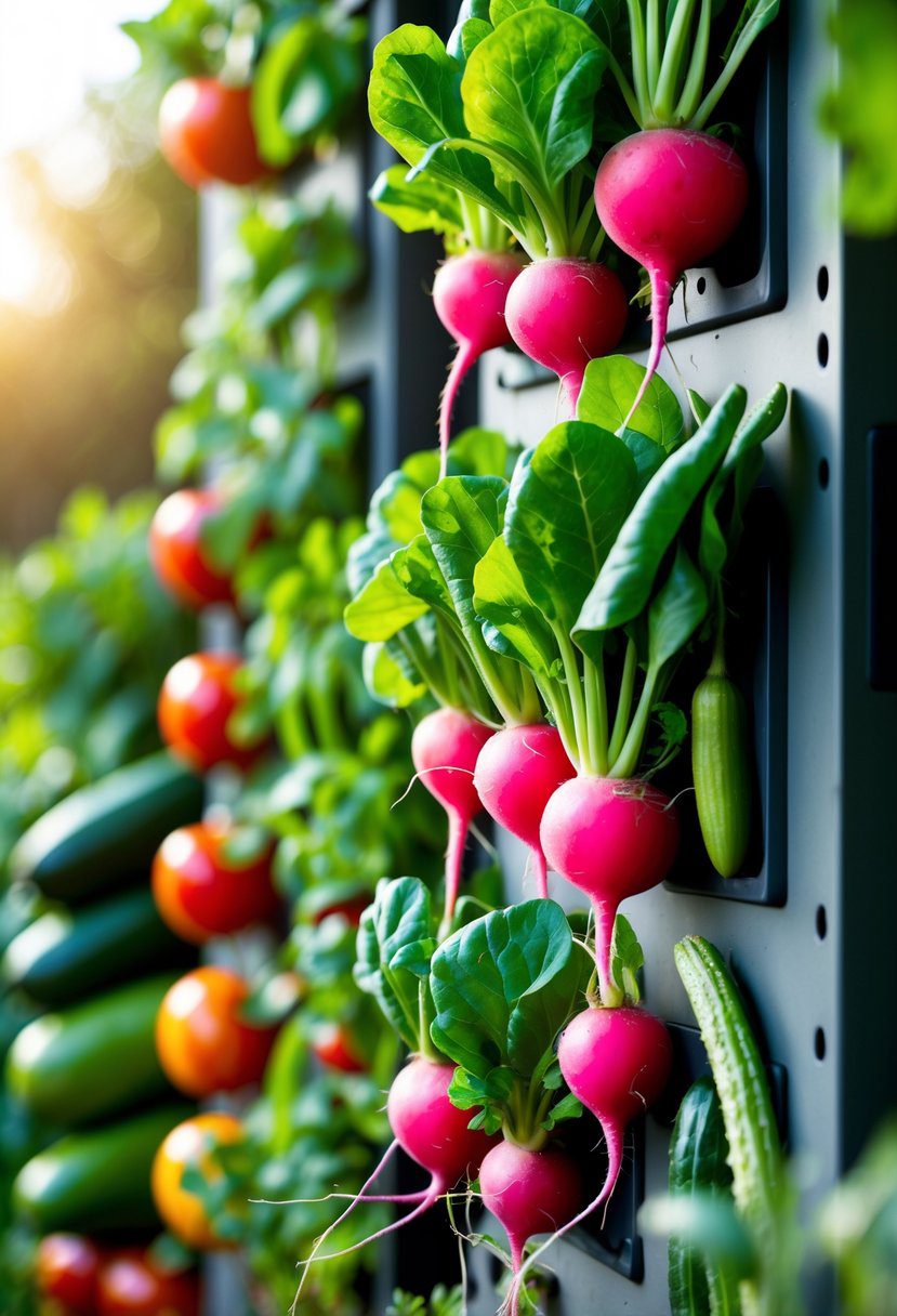 A vertical garden with fresh radishes and various other vegetables growing in vertical planters.