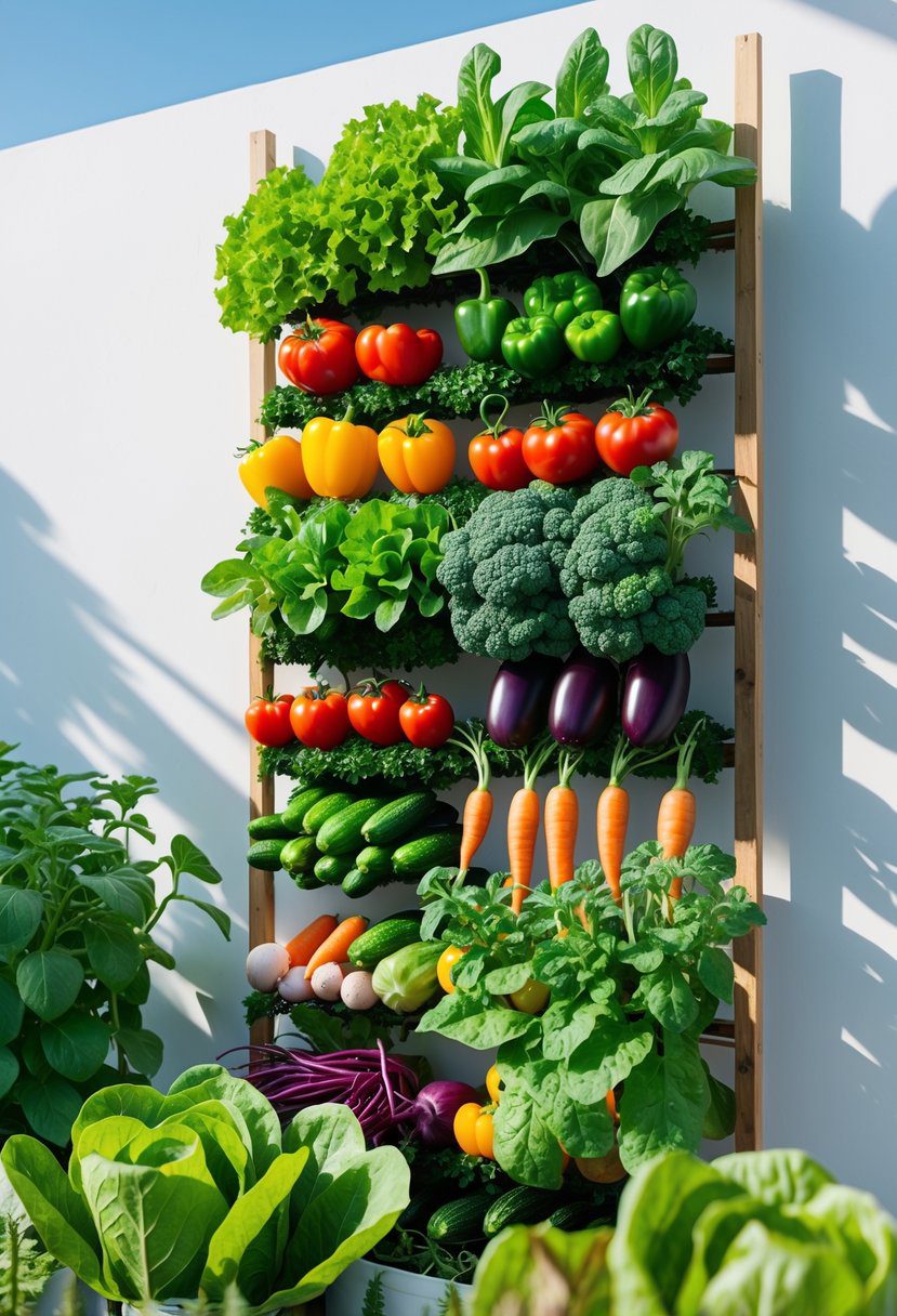 A vertical garden with twelve different vegetables growing, including fresh green lettuce, in a multi-tiered structure.