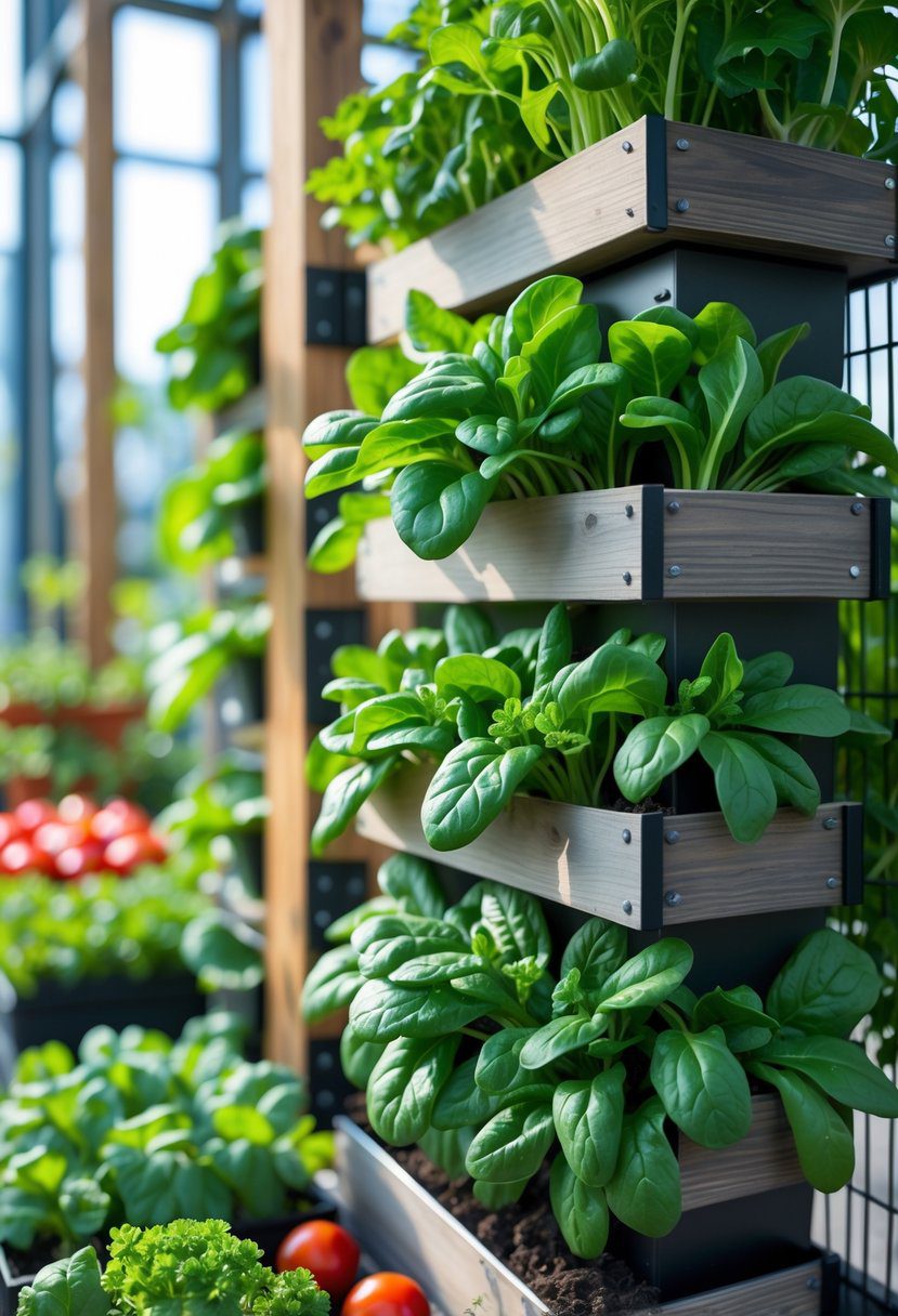Fresh spinach plants growing densely in a vertical garden with other vegetables in the background.