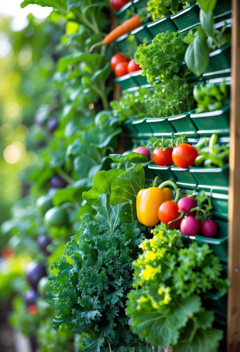 A vertical garden filled with kale and eleven other fresh vegetables growing in pockets on a wooden or metal structure.