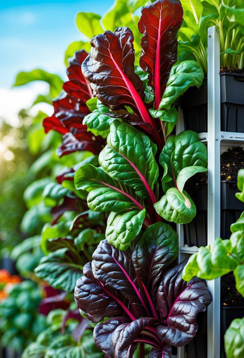 Fresh Swiss chard growing in a vertical garden with colorful leaves and other vegetables in the background.