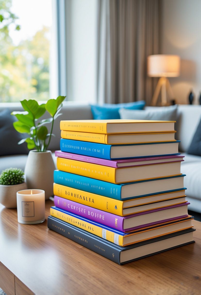 A stack of large coffee table books with colorful covers on a wooden surface surrounded by small decorative items.