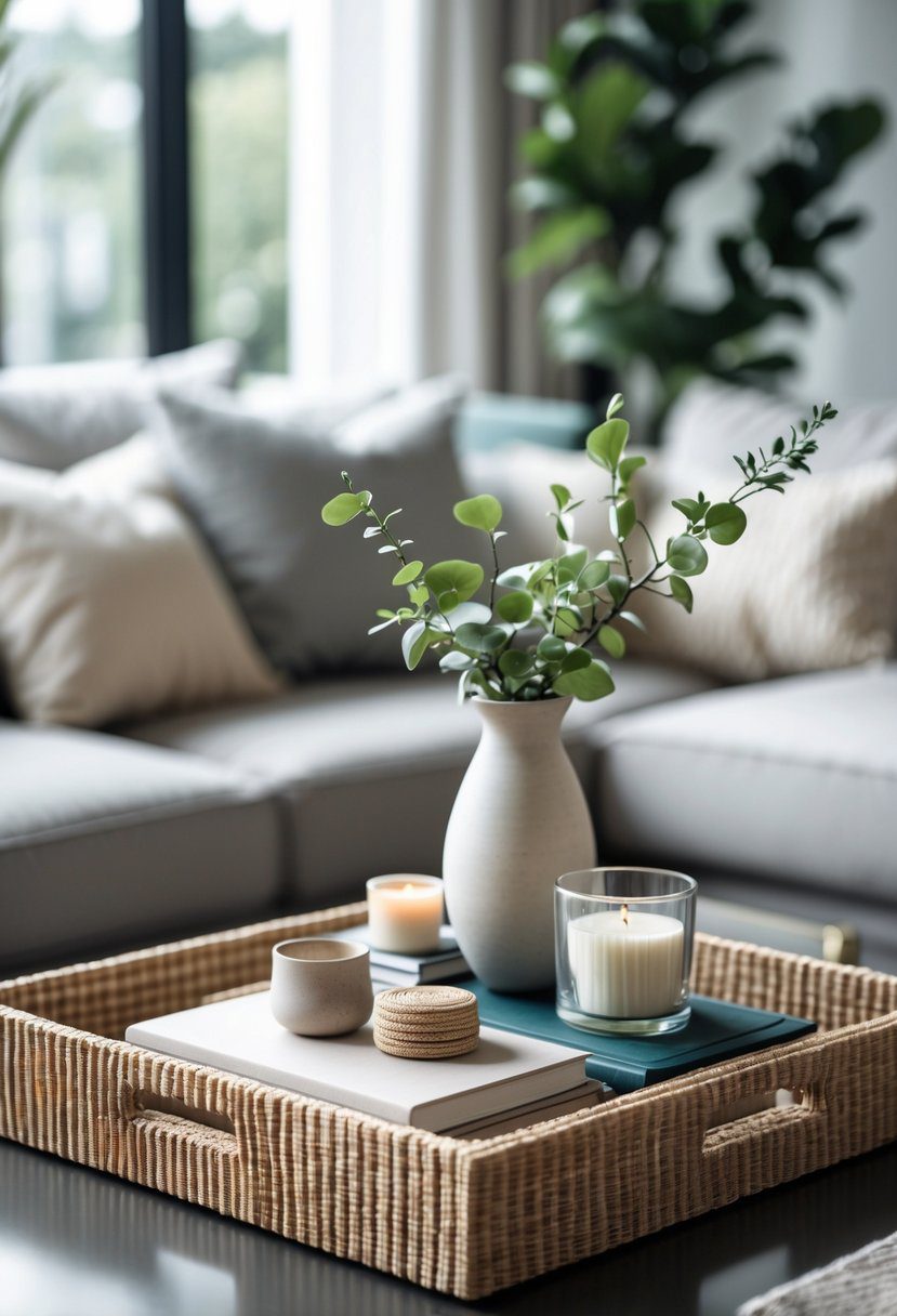 A coffee table with a decorative tray holding a small vase, coasters, a candle, and books in a cozy living room.