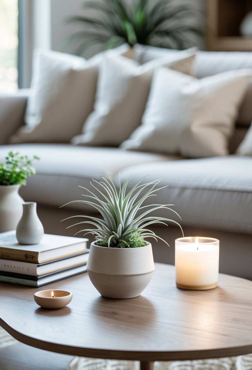 A coffee table with a small potted succulent plant, books, a vase, and a candle in a living room setting.