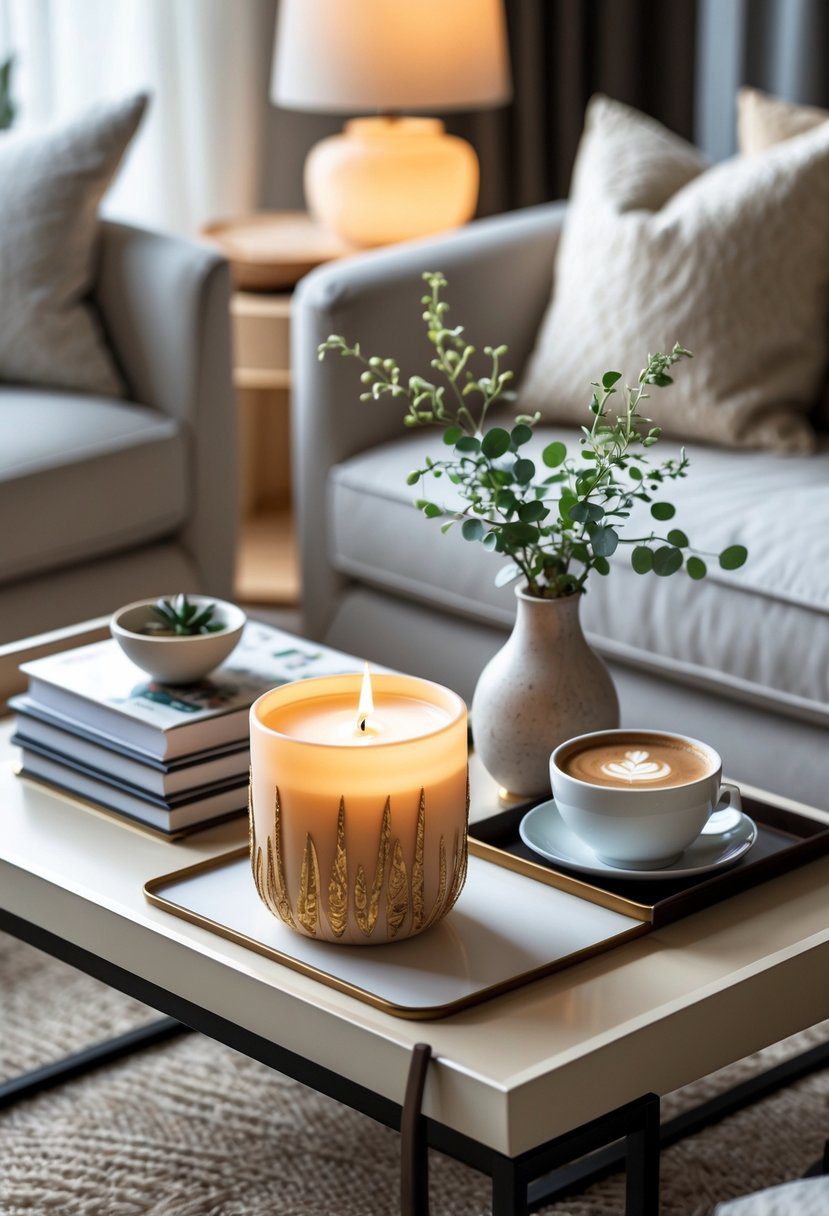 A coffee table with a lit scented candle in a stylish holder surrounded by books, a vase with greenery, and a cup of coffee in a cozy living room.