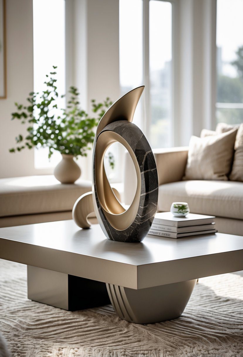 A unique sculptural art piece displayed as the centerpiece on a coffee table in a bright living room setting.