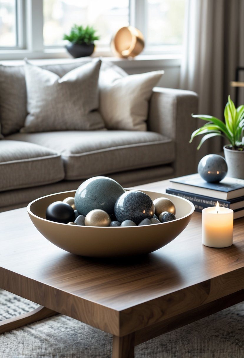 A living room coffee table with a bowl filled with polished stones and decorative orbs, surrounded by books, a plant, and a candle.
