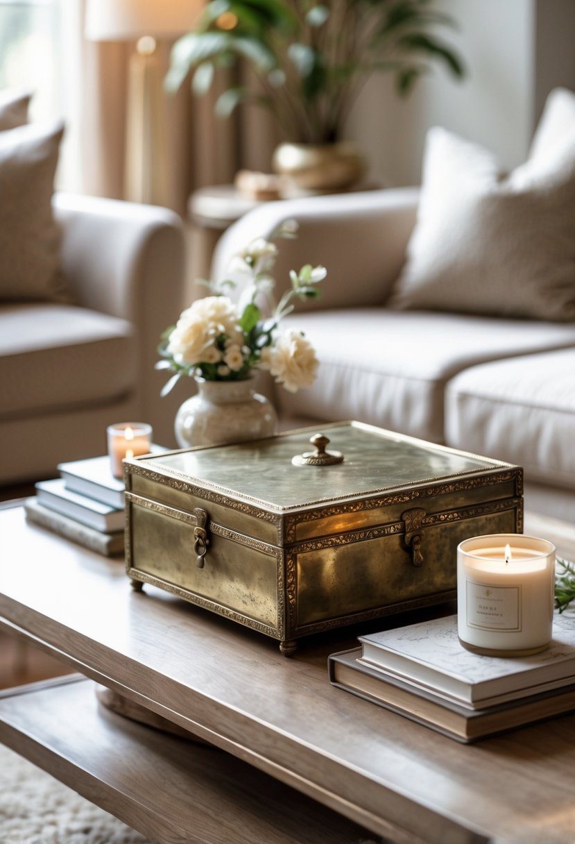 A vintage brass decorative box on a coffee table surrounded by books, a vase with flowers, a candle, and other decorative items in a cozy living room.