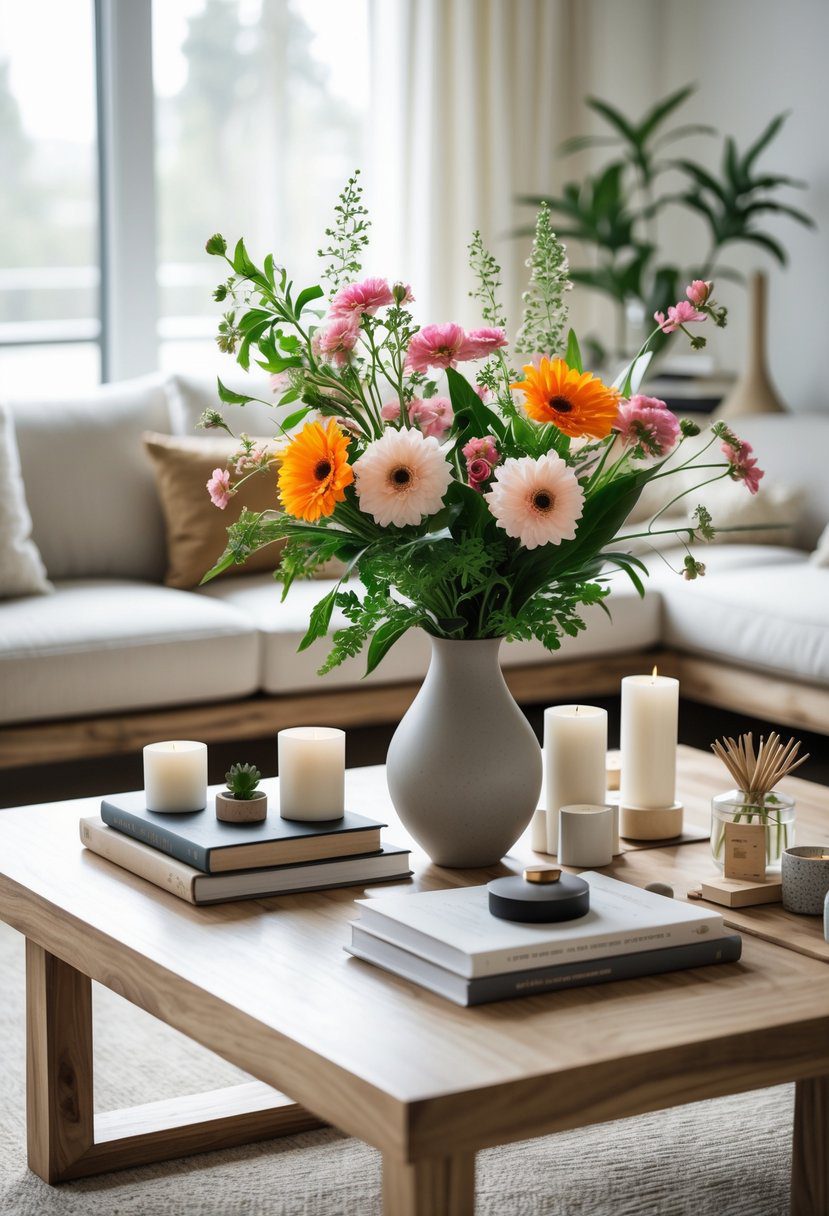 A coffee table with a low vase of fresh flowers and various decorative items in a bright living room.