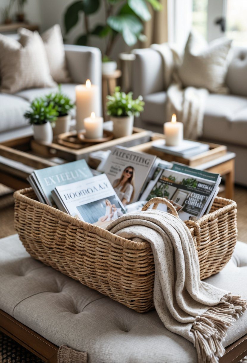 A woven basket on a coffee table holding magazines and throws, surrounded by small plants and decor items.