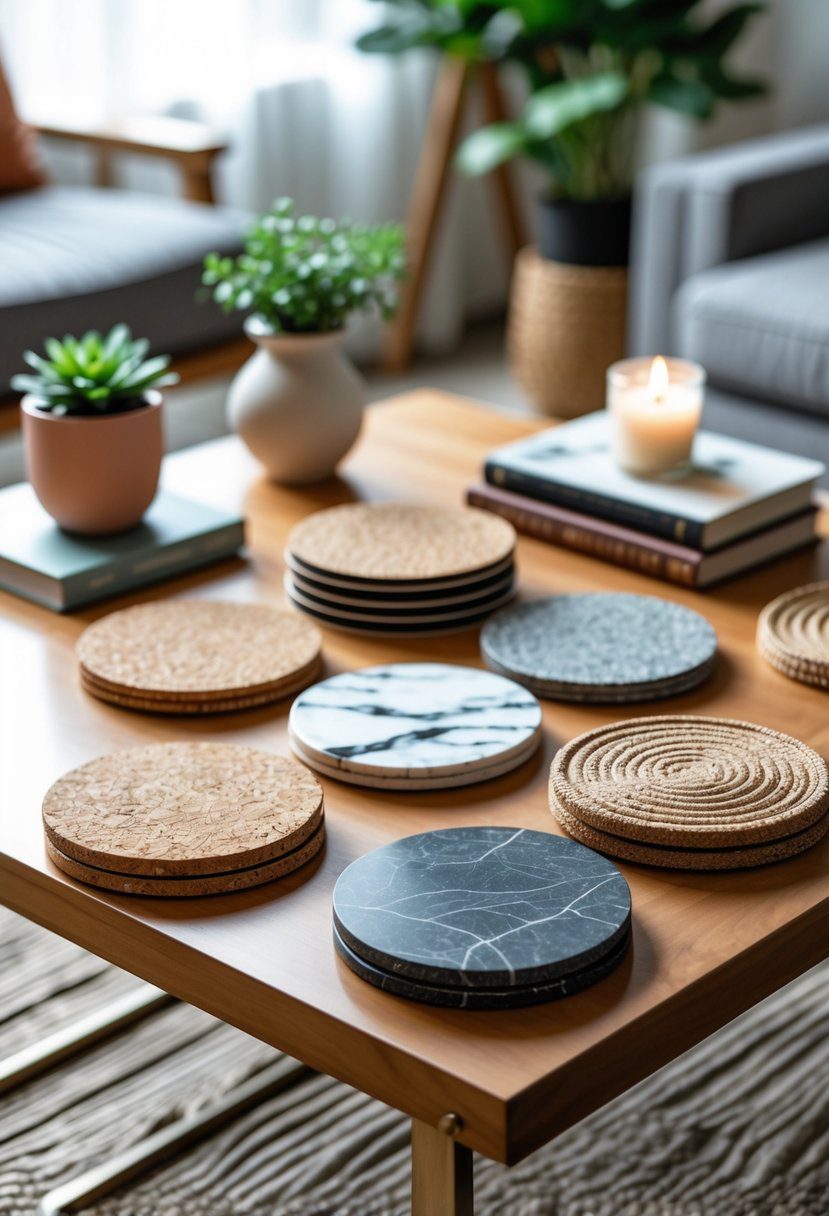 A coffee table with layered coasters of different patterns and materials, surrounded by decor items like a plant, vase, books, and a candle.