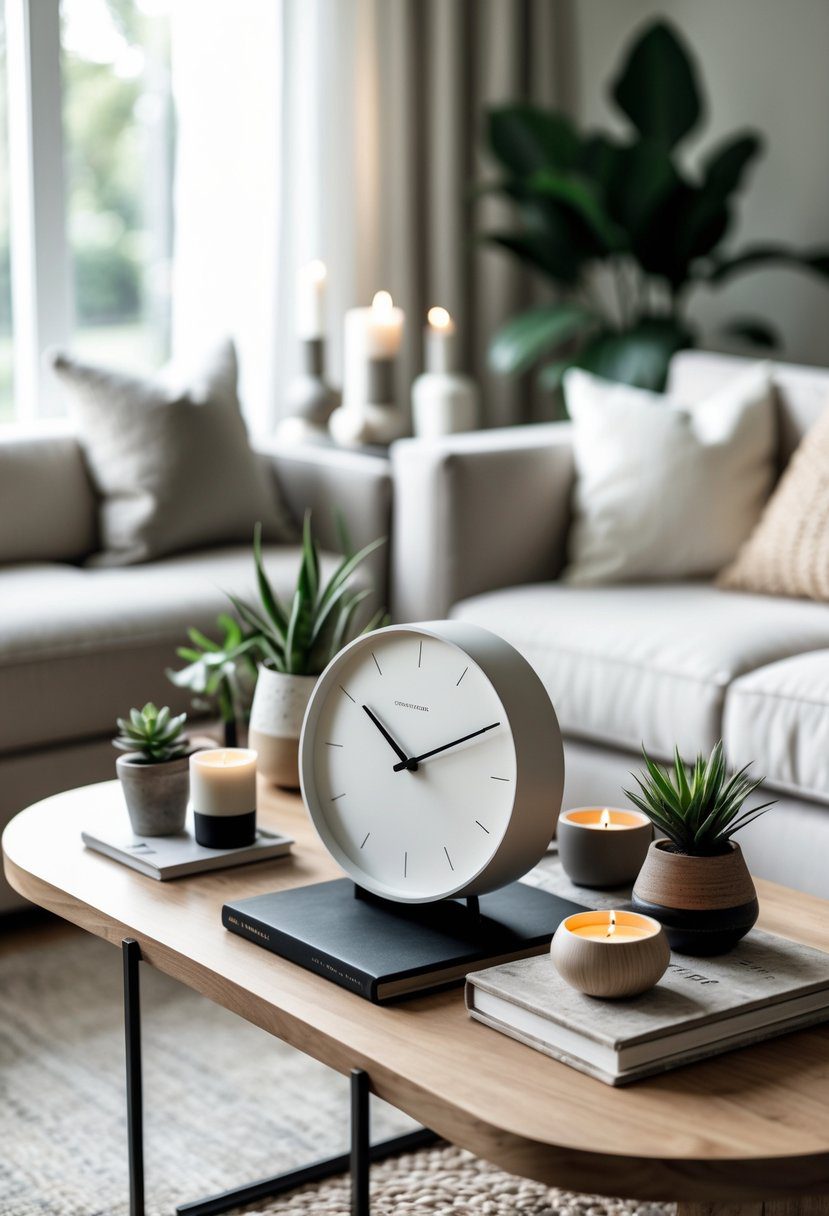 A coffee table with a minimalist clock and various decorative items arranged around it in a living room setting.