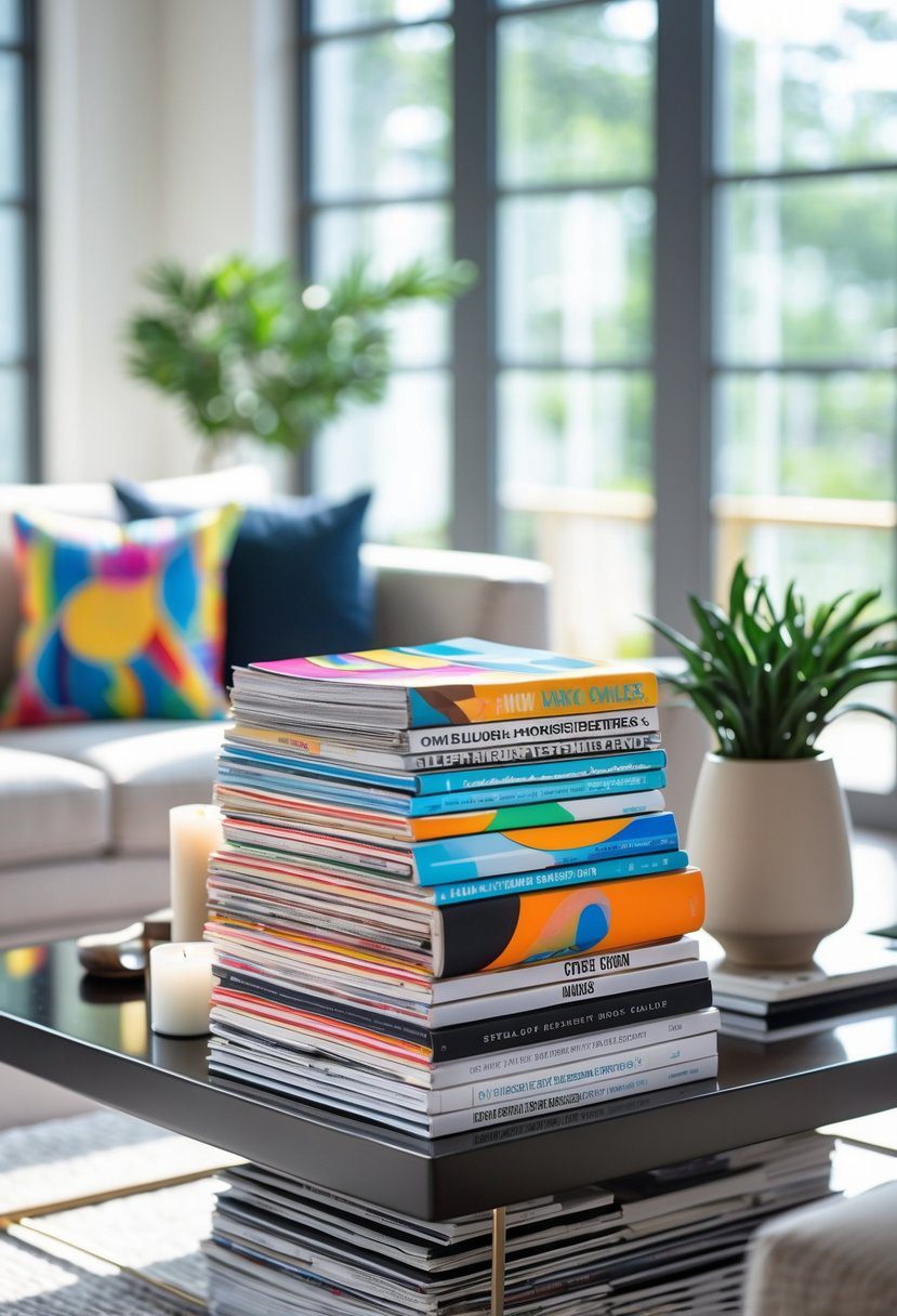 A stack of colorful magazines arranged on a coffee table with a small plant, vase, and candle in a bright living room.