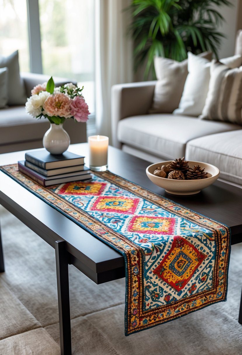 A coffee table with a colorful patterned runner, decorated with flowers, books, a candle, a bowl, and a coffee cup in a cozy living room.