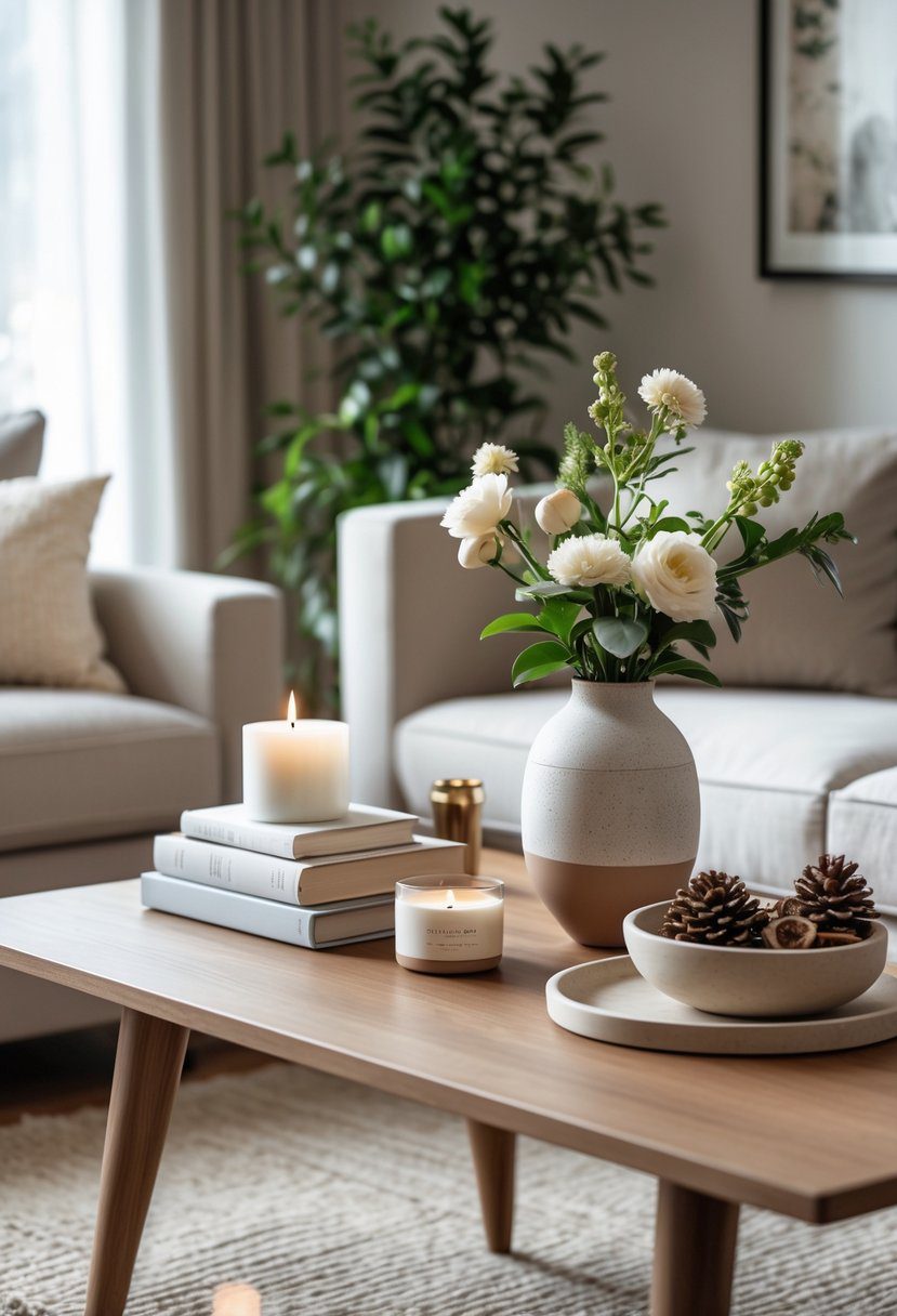 A coffee table decorated with a small framed photo, books, flowers in a vase, candles, and various decorative objects in a cozy living room.
