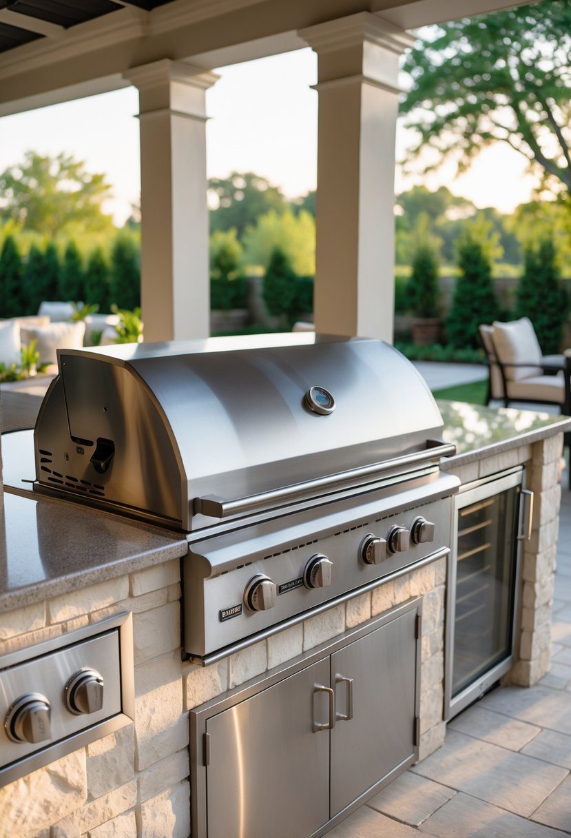 Built-in stainless steel grill with side burners in an outdoor kitchen on a backyard patio.