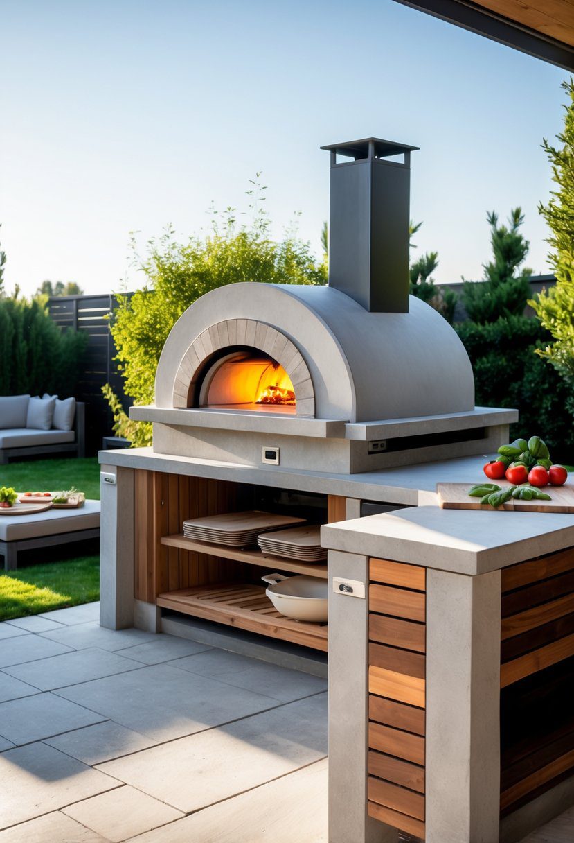 Outdoor kitchen with a built-in pizza oven integrated into a stone and wood island surrounded by greenery and seating.