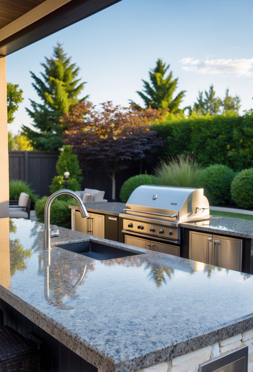 An outdoor kitchen with granite countertops, a built-in grill, and seating surrounded by greenery.