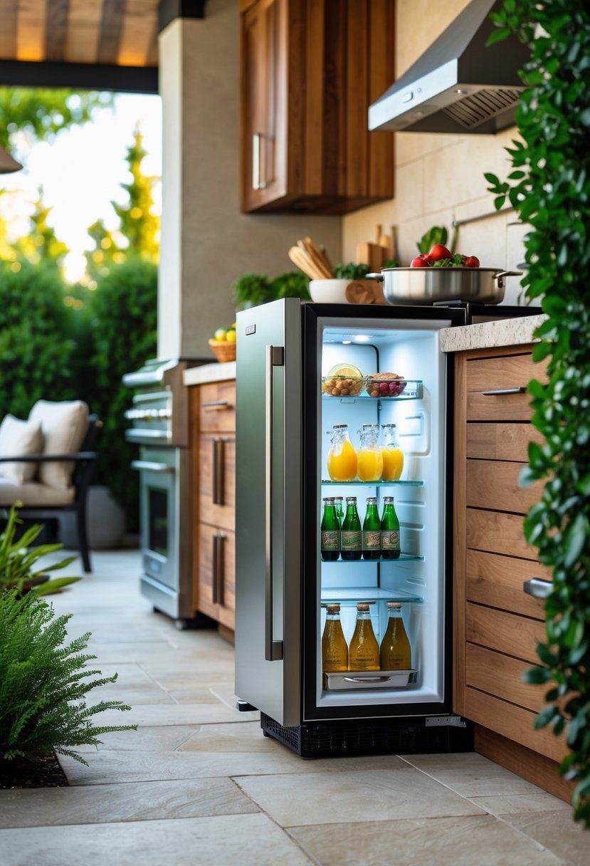 Outdoor kitchen with an under-counter refrigerator open, showing drinks inside, surrounded by stone countertops and greenery.
