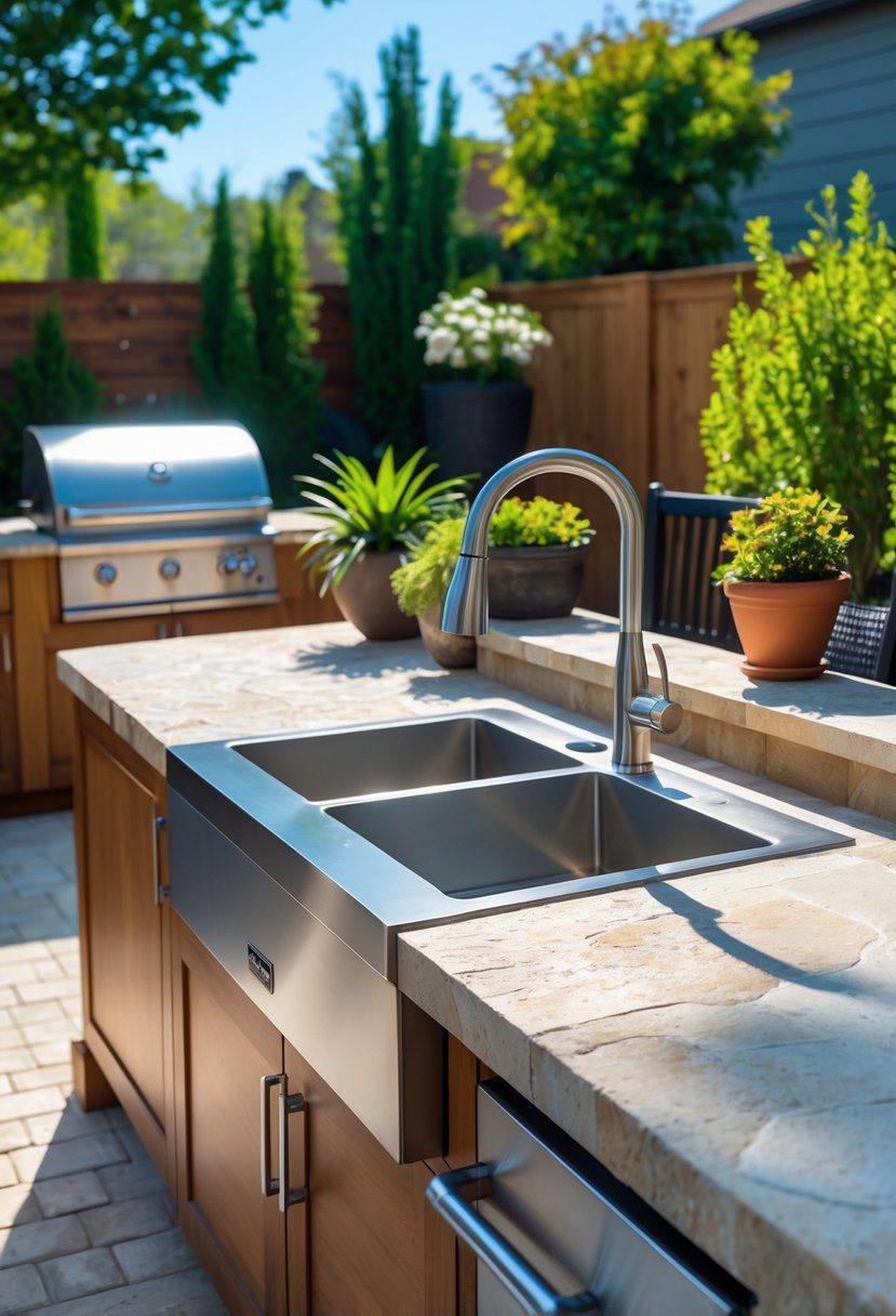 An outdoor kitchen with a stainless steel sink, faucet, stone countertop, and surrounding greenery.