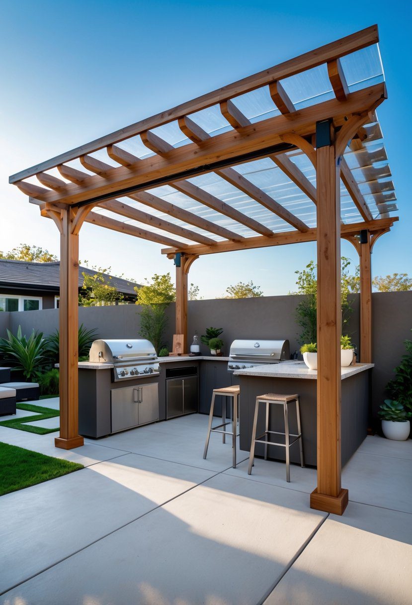 A covered pergola over an outdoor kitchen with a grill, countertops, seating, and plants on a patio.