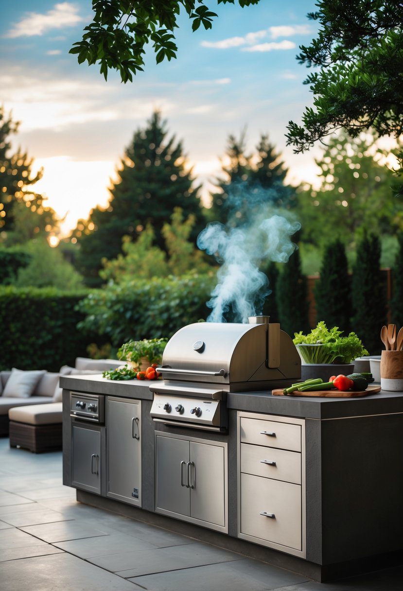 An outdoor kitchen with a built-in smoker, grill, and cooking area set in a backyard with greenery.