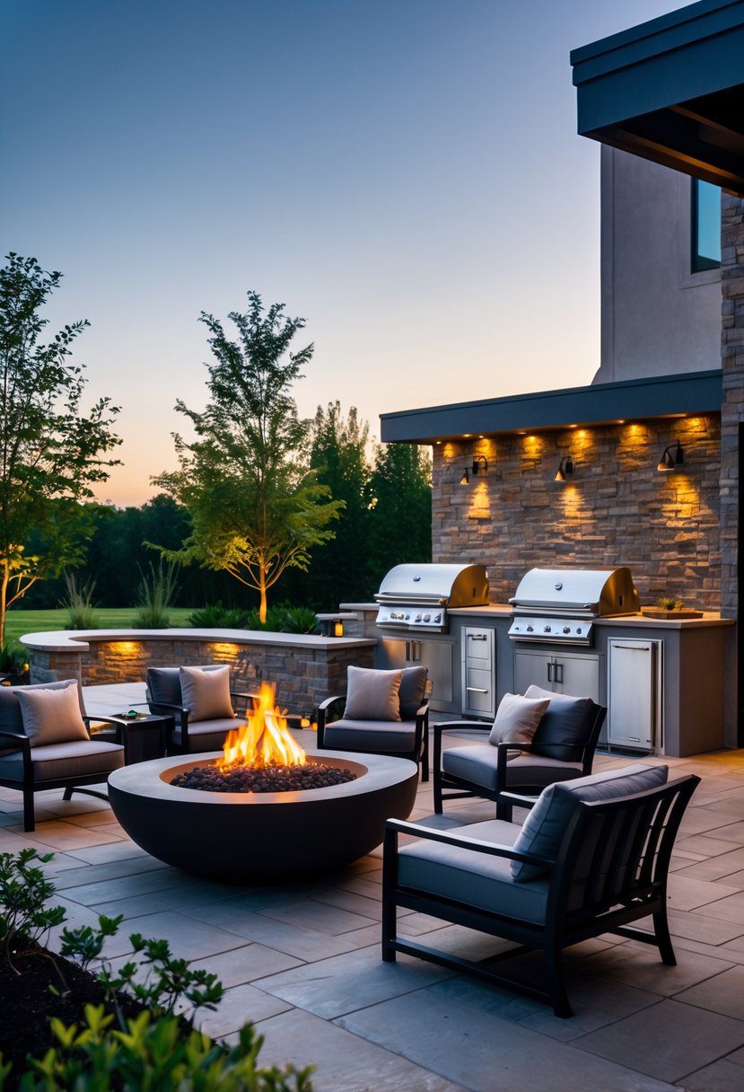 Outdoor fire pit seating area next to a modern outdoor kitchen with chairs and greenery.