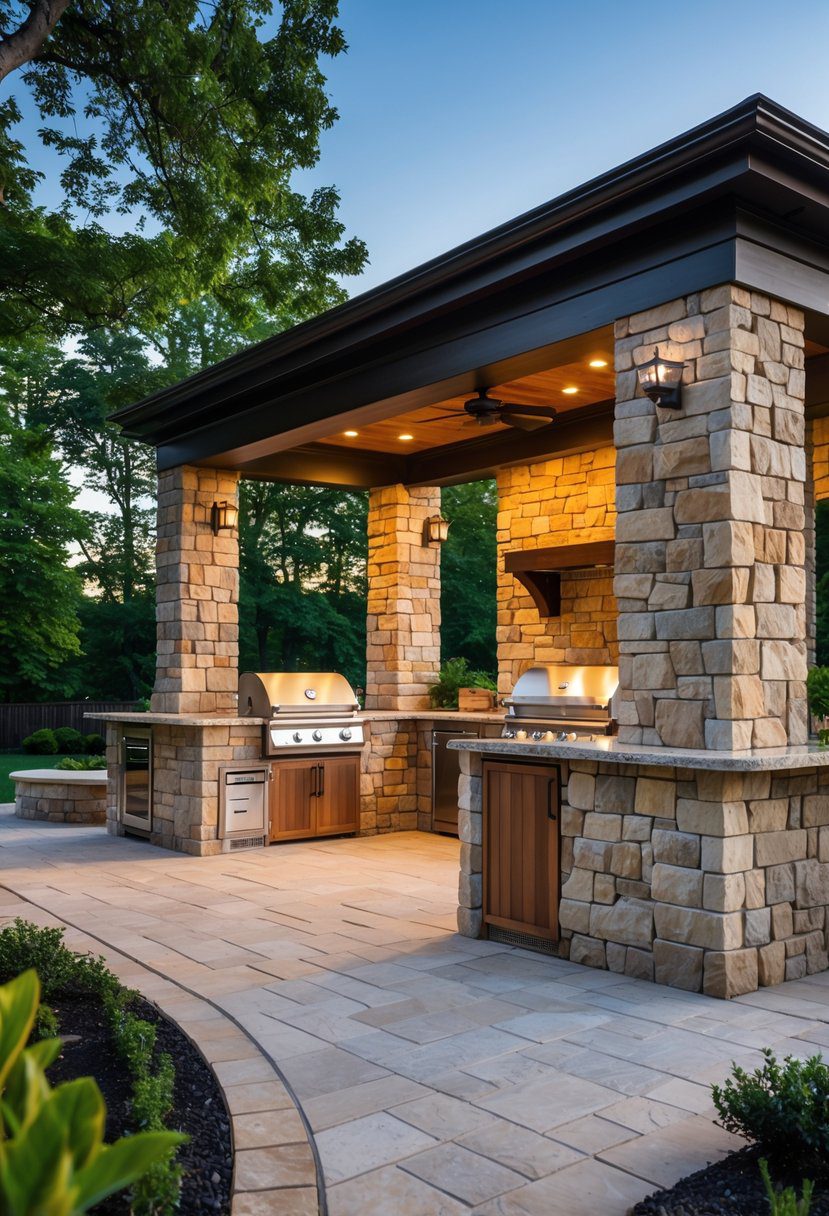 Outdoor kitchen with stone walls, built-in grill, and wooden cabinets surrounded by greenery.