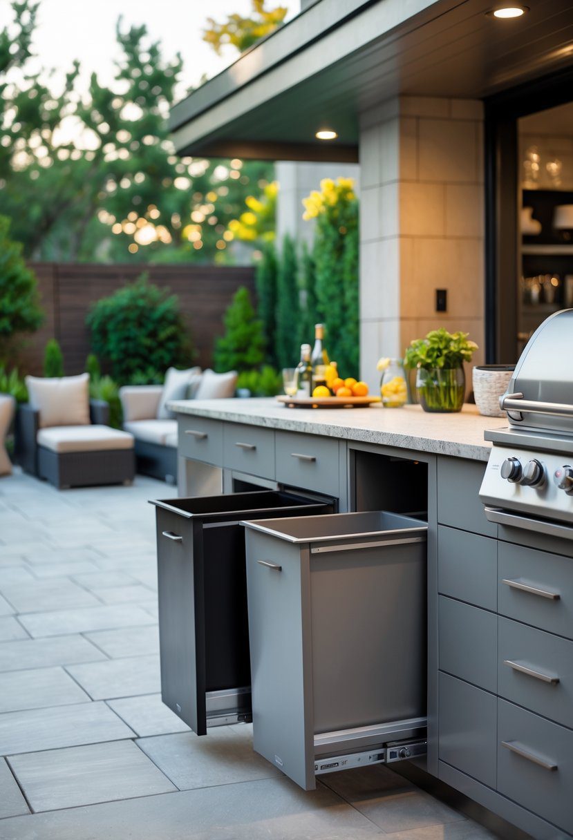 Outdoor kitchen with built-in pull-out trash and recycling bins integrated into cabinetry on a patio.
