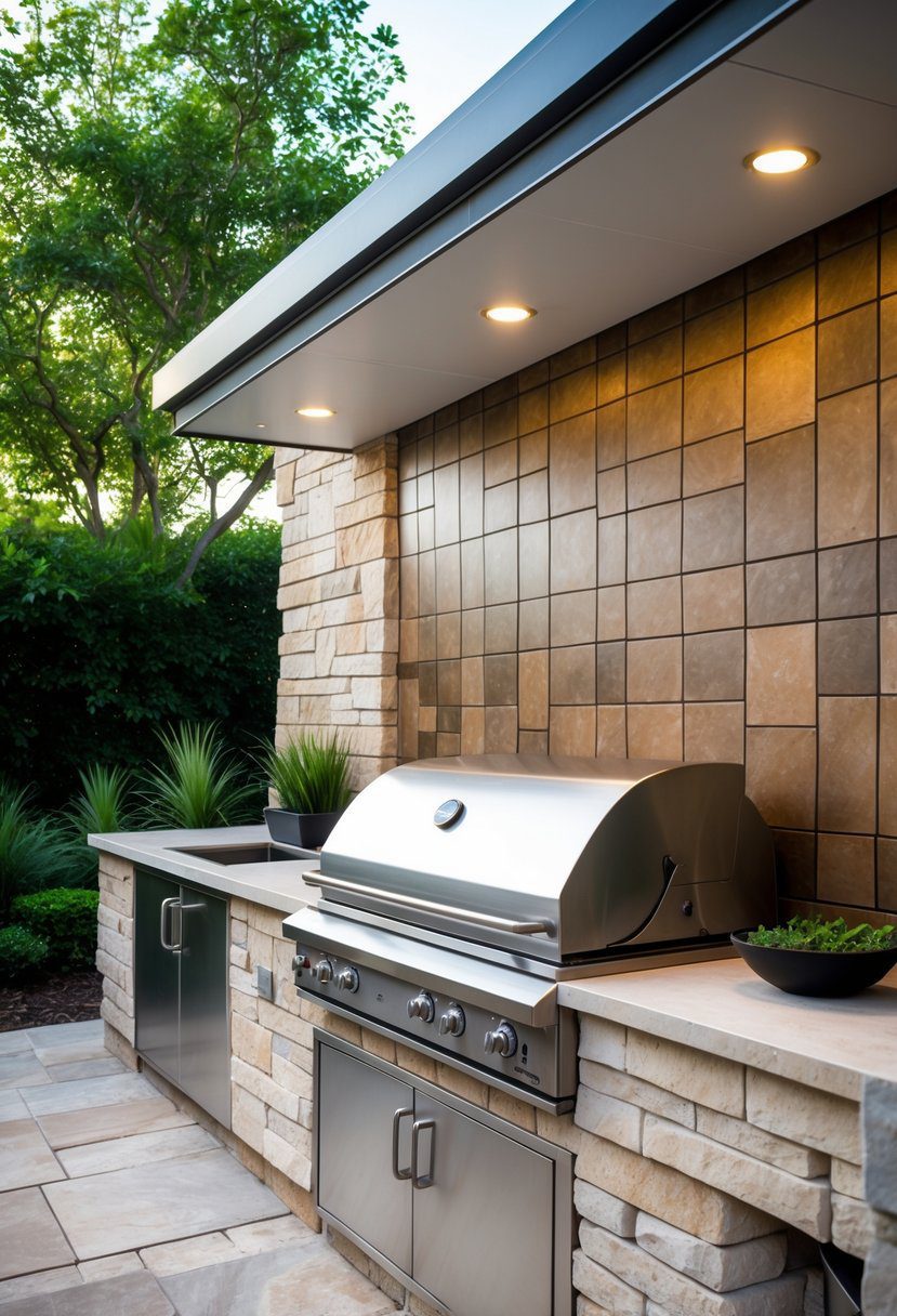 Outdoor kitchen with a tile backsplash, stainless steel grill, and natural stone accents surrounded by greenery.