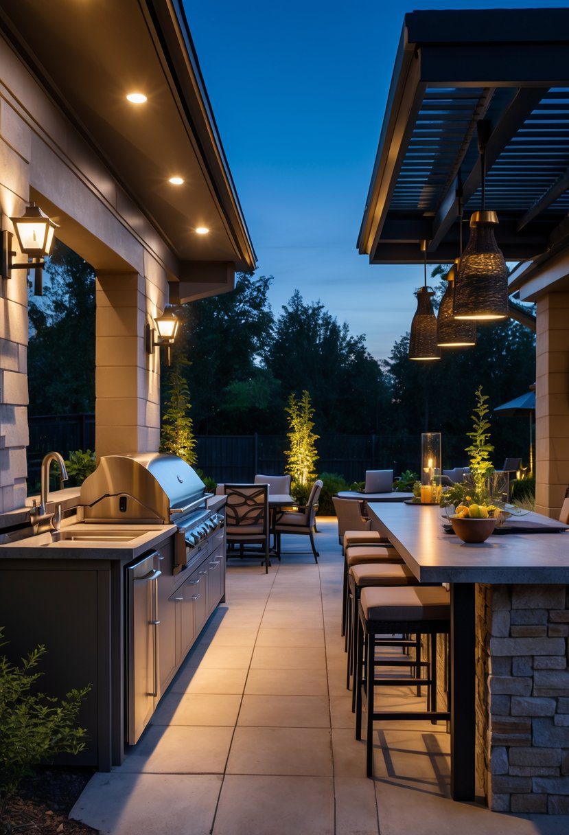 An outdoor kitchen with stainless steel appliances and stone countertops lit by various outdoor lights at dusk, surrounded by greenery and patio furniture.