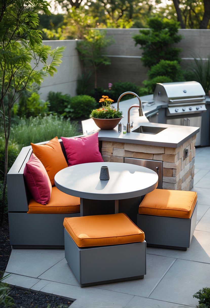 Outdoor kitchen area with modular seating featuring waterproof cushions and built-in grill on a patio surrounded by plants.