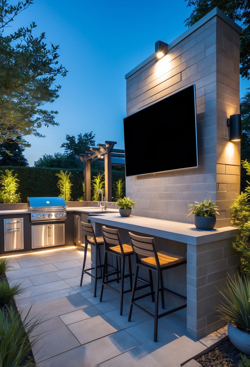 Outdoor kitchen with a mounted flat-screen TV, grill, countertop, and seating surrounded by plants.