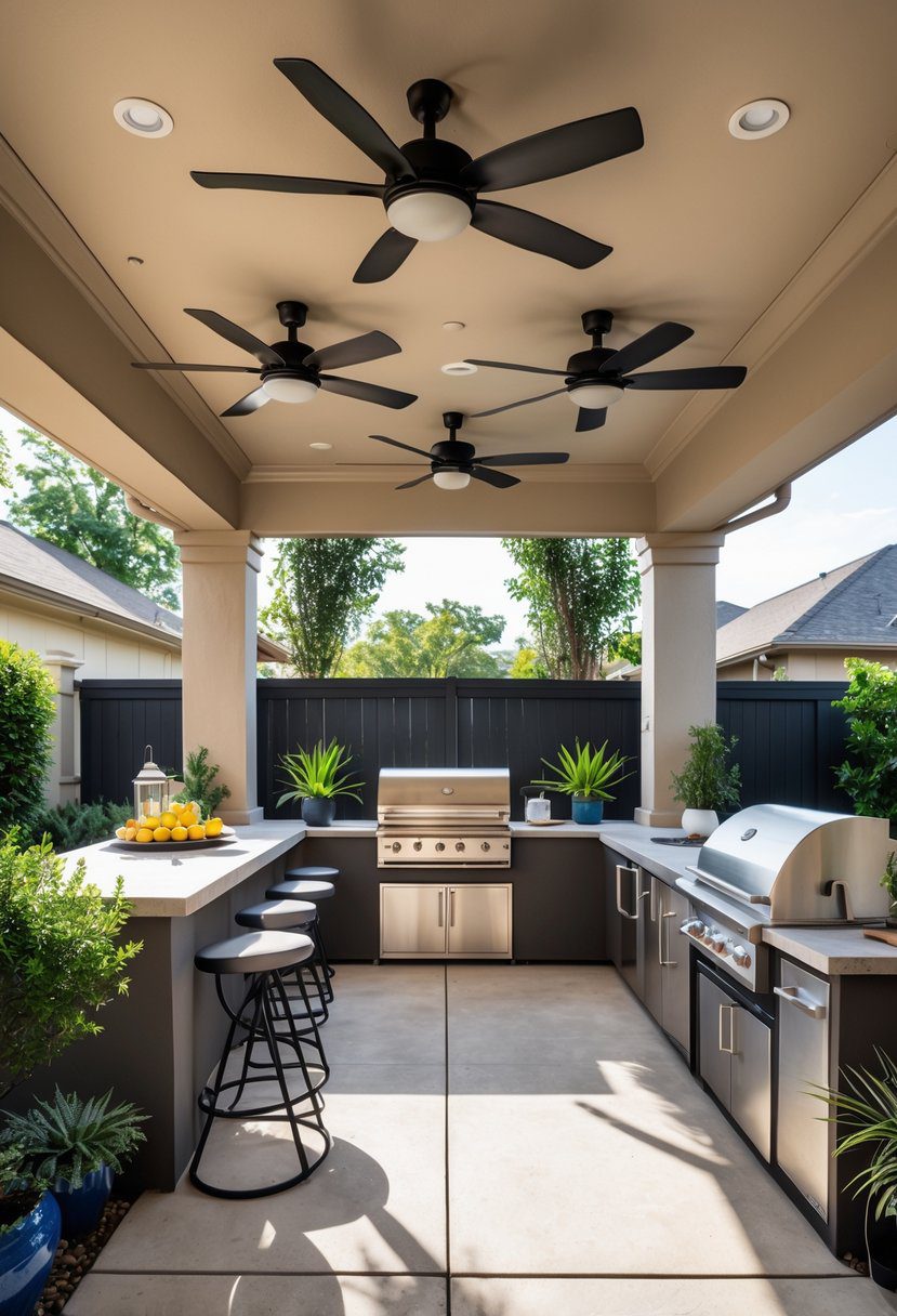 Outdoor kitchen under a covered patio with ceiling fans and cooking appliances.